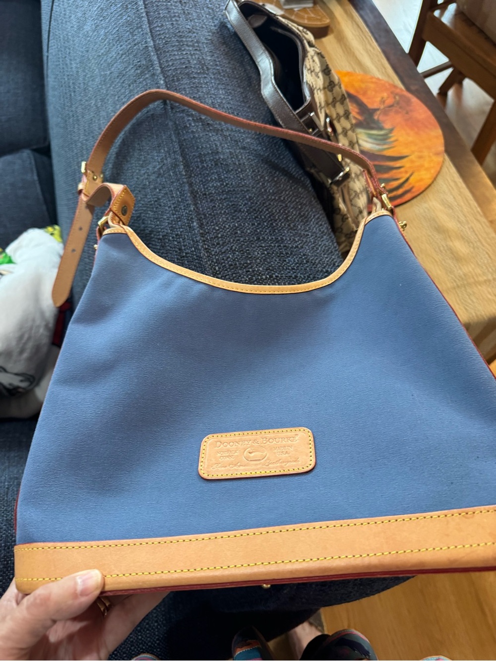 Dooney & Bourke Blue Canvas Shoulder Hobo Bag with Tan Trim